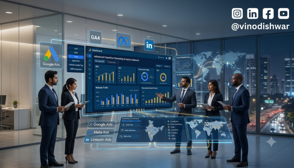 Marketing Analytics for Franchise Businesses dashboard showing GA4, CRM integration, AI analytics, marketing KPIs and franchise growth insights