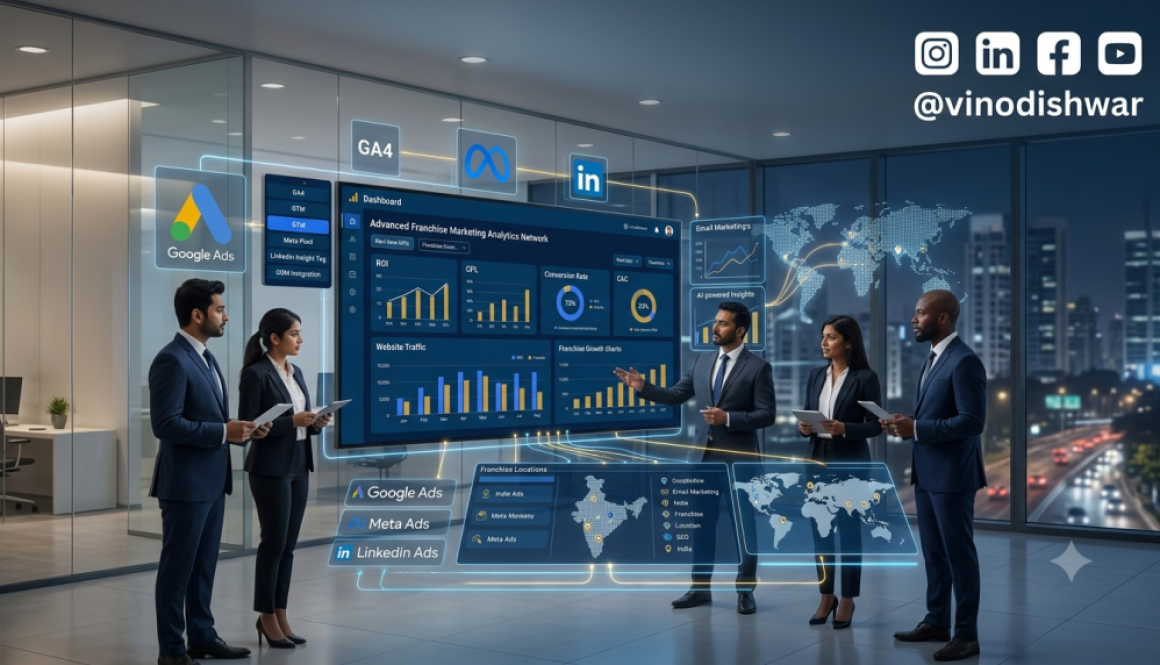 Marketing Analytics for Franchise Businesses dashboard showing GA4, CRM integration, AI analytics, marketing KPIs and franchise growth insights