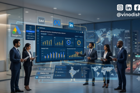 Marketing Analytics for Franchise Businesses dashboard showing GA4, CRM integration, AI analytics, marketing KPIs and franchise growth insights