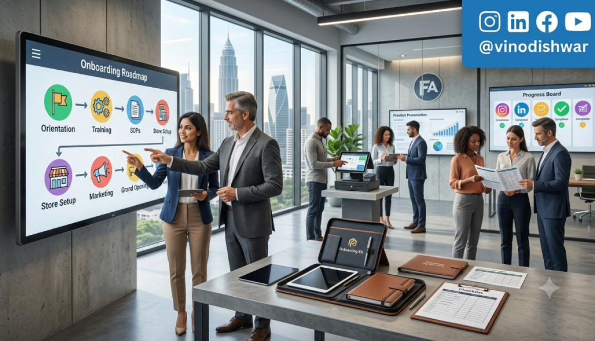 Franchise onboarding training session with new franchise partners learning business systems, operations, and launch preparation in a modern corporate training center.