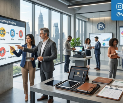 Franchise onboarding training session with new franchise partners learning business systems, operations, and launch preparation in a modern corporate training center.