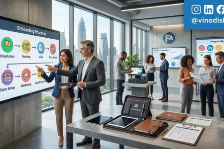 Franchise onboarding training session with new franchise partners learning business systems, operations, and launch preparation in a modern corporate training center.