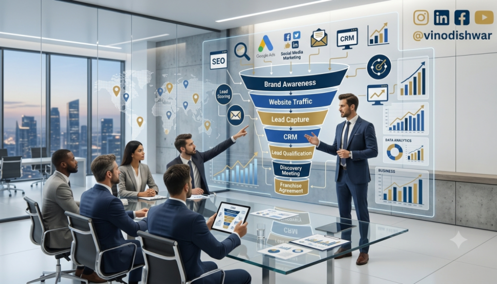 Franchise Lead Generation Guide showing SEO, Google Ads, CRM, franchise marketing strategy, lead generation funnel, and franchise business expansion