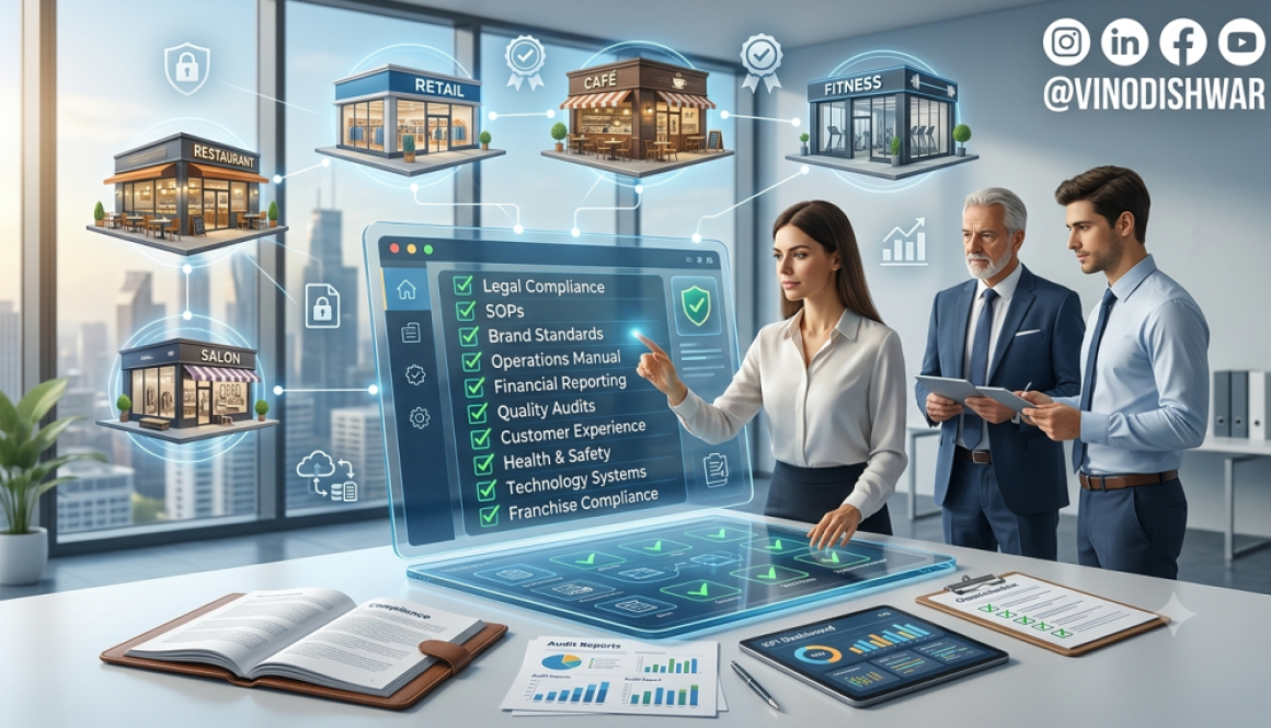 Franchise Compliance Checklist showing audit checklist, SOPs, brand compliance, legal compliance, and quality control across a franchise network.