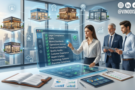 Franchise Compliance Checklist showing audit checklist, SOPs, brand compliance, legal compliance, and quality control across a franchise network.